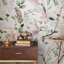 Animal Wallpaper with Hummingbirds and Flowers in Pink and Green - C353