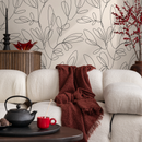 Minimalist Boho Leaf Line Art Abstract Wallpaper in Black and Beige - C355