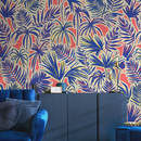 Tropical Wallpaper Featuring Stylized Jungle Leaves in Blue, Coral, and Cream - C371