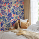 Tropical Wallpaper Featuring Stylized Jungle Leaves in Blue, Coral, and Cream - C371