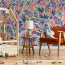 Tropical Wallpaper Featuring Stylized Jungle Leaves in Blue, Coral, and Cream - C371