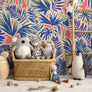 Tropical Wallpaper Featuring Stylized Jungle Leaves in Blue, Coral, and Cream - C371