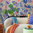 Tropical Wallpaper Featuring Stylized Jungle Leaves in Blue, Coral, and Cream - C371