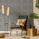 African Wallpaper with a Tribal Diamond Pattern in Black and Cream - C373