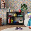 Tile Wallpaper with an Intricate Motif in Blue, Yellow, and Purple - C385