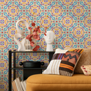 Tile Wallpaper with an Intricate Motif in Blue, Yellow, and Purple - C385