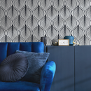 Abstract Wallpaper with Flowing Leaf Motifs in Navy Blue and Cream - C387