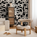 Abstract Wallpaper with a Bold Graphic Maze Motif in Black and Off-White - C388