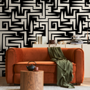Abstract Wallpaper with a Bold Graphic Maze Motif in Black and Off-White - C388