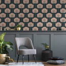 Art Nouveau Wallpaper with a Vintage Stylized Floral Motif in Muted Pink and Charcoal - C389