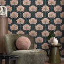 Art Nouveau Wallpaper with a Vintage Stylized Floral Motif in Muted Pink and Charcoal - C389