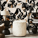 Tropical Wallpaper with Stylized Monstera Leaves in Black, Brown, and Beige - C397