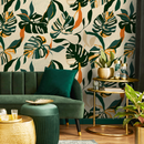 Tropical Wallpaper with Boho Monstera Leaves in Green, Orange, and Tan - C398