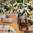 Tropical Wallpaper with Boho Monstera Leaves in Green, Orange, and Tan - C398