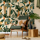Tropical Wallpaper with Boho Monstera Leaves in Green, Orange, and Tan - C398