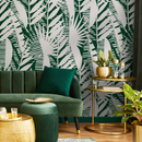 Abstract Wallpaper with a Palm Leaf Motif in Green and Beige - C401