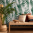 Abstract Wallpaper with a Palm Leaf Motif in Green and Beige - C401
