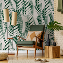 Abstract Wallpaper with a Palm Leaf Motif in Green and Beige - C401