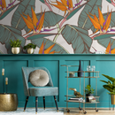 Tropical Wallpaper with Bird of Paradise Flowers in Orange, Teal, and Purple - C416