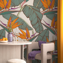 Tropical Wallpaper with Bird of Paradise Flowers in Orange, Teal, and Purple - C416