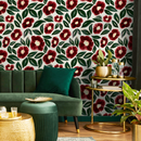 Floral Wallpaper with Painted Anemone Flowers in Red and Green - C443