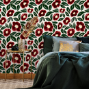 Floral Wallpaper with Painted Anemone Flowers in Red and Green - C443