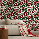 Floral Wallpaper with Painted Anemone Flowers in Red and Green - C443