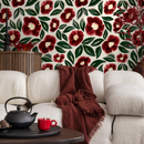Floral Wallpaper with Painted Anemone Flowers in Red and Green - C443