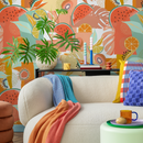 Abstract Wallpaper Featuring a Collage of Tropical Fruits in Coral, Green, and Yellow - C456