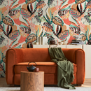 Abstract Wallpaper with Eclectic Botanical Forms in Coral, Teal, and Black - C461