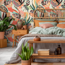 Abstract Wallpaper with Eclectic Botanical Forms in Coral, Teal, and Black - C461