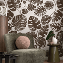 Botanical Wallpaper with Distressed Monstera Leaves in Brown - C462
