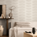 Art Deco Minimalist Wallpaper with a Stylized Sunburst Motif in Beige and Cream - C464