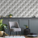 Geometric Wallpaper with a 3D Stippled Cube Motif in Grey and White - C470