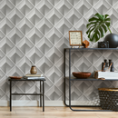 Geometric Wallpaper with a 3D Stippled Cube Motif in Grey and White - C470