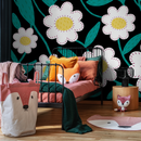 Floral Wallpaper with Stitched Daisy Flowers in Black, Teal, and Yellow - C472