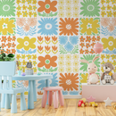 Floral Wallpaper with a Retro Block Print Motif in Orange, Blue, and Yellow - C473