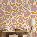 Floral Wallpaper Featuring Stylized Flowers in Pink and Yellow - C476