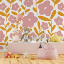 Floral Wallpaper Featuring Stylized Flowers in Pink and Yellow - C476
