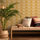 Boho Wallpaper with a Scalloped Arch Motif in Yellow and White - C484