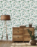 Fashionable White Wallpaper with Green Leaves Fashionable