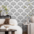 Art Deco Wallpaper with a Stylized Ginkgo Motif in Gray - C501