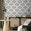 Art Deco Wallpaper with a Stylized Ginkgo Motif in Gray - C501