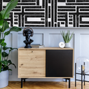 Geometric Wallpaper with a Distressed Block Maze in Black and White - C511