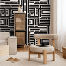 Geometric Wallpaper with a Distressed Block Maze in Black and White - C511