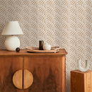 Geometric Wallpaper with a Boho Scallop Motif in Beige and White - C522