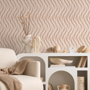 Bohemian Wallpaper with a Wavy Feather Motif in Terracotta and Beige - C525