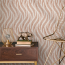 Bohemian Wallpaper with a Wavy Feather Motif in Terracotta and Beige - C525