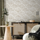Boho Wallpaper with a Scalloped Fan Motif in Taupe - C530