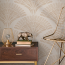 Scalloped Wallpaper with a Stylized Palm Frond Motif in Beige and Cream - C545